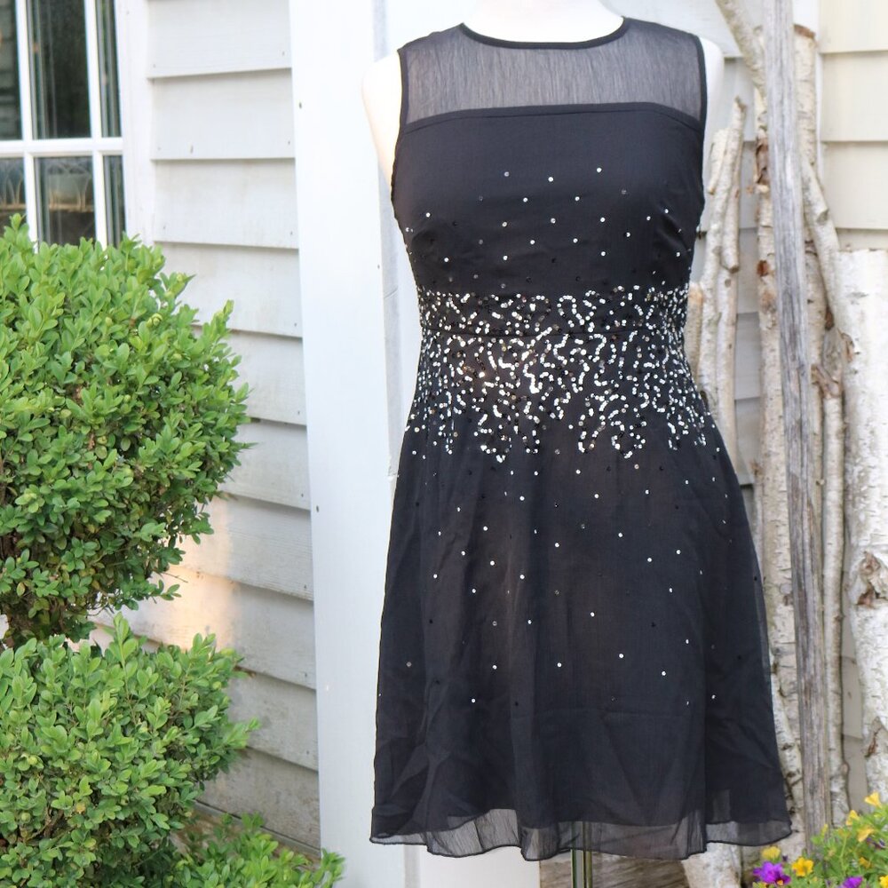 Venus Black Sheer Neck Scattered Sequns Chiffon Sleeveless A-Line Dress Sz 8